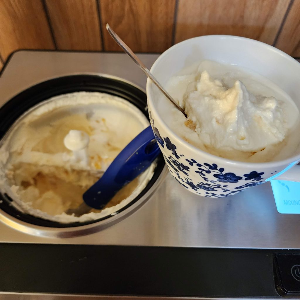 Peach ice cream made with canned peaches from Treasure in Jars.