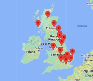 Map of Great Britain with our itinerary places pinned.